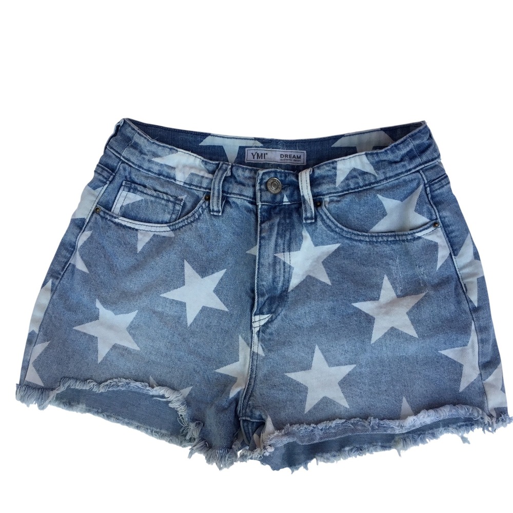 YMI Dream Star Print Denim Shorts Blue White High Rise Raw Hem Size 9/29